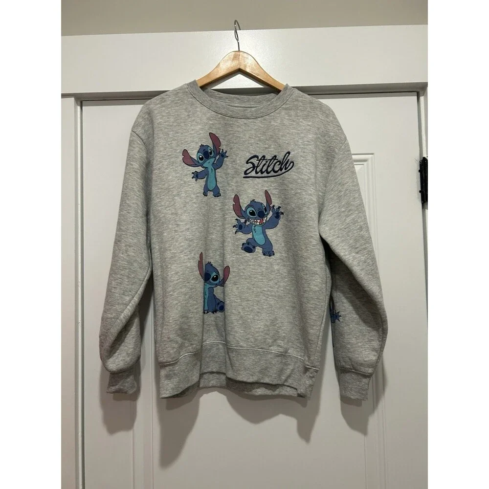 Disney Lilo & Stitch Gray Fleece Crewneck Sweatshirt SzLarge Embroidered Cozy